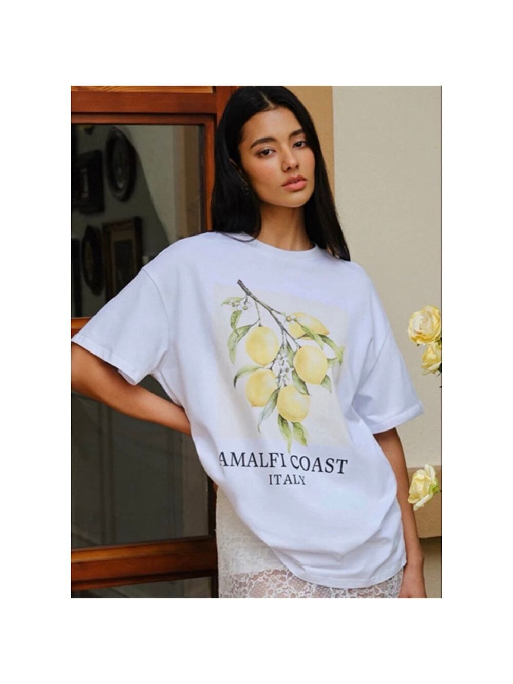 Commense Short Sleeve Tee M White Yellow Amalfi Coast NWT